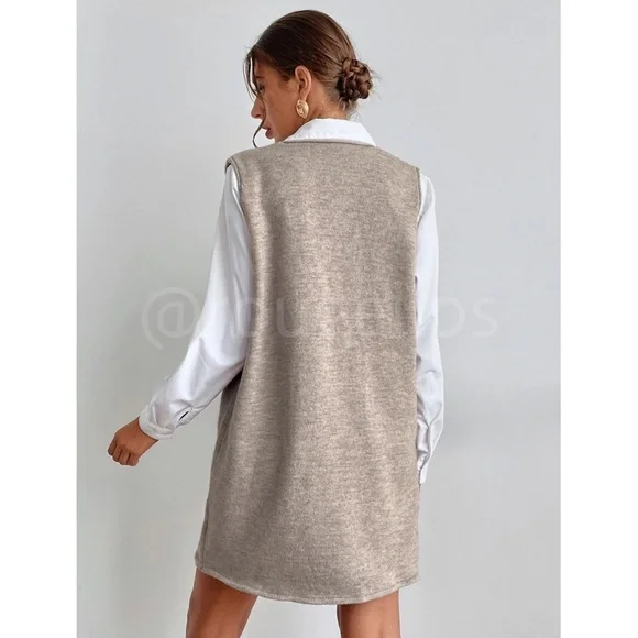 Knit Oversized Mini Vest Dress Khaki V-Neck with Pockets - Picture 3 of 9
